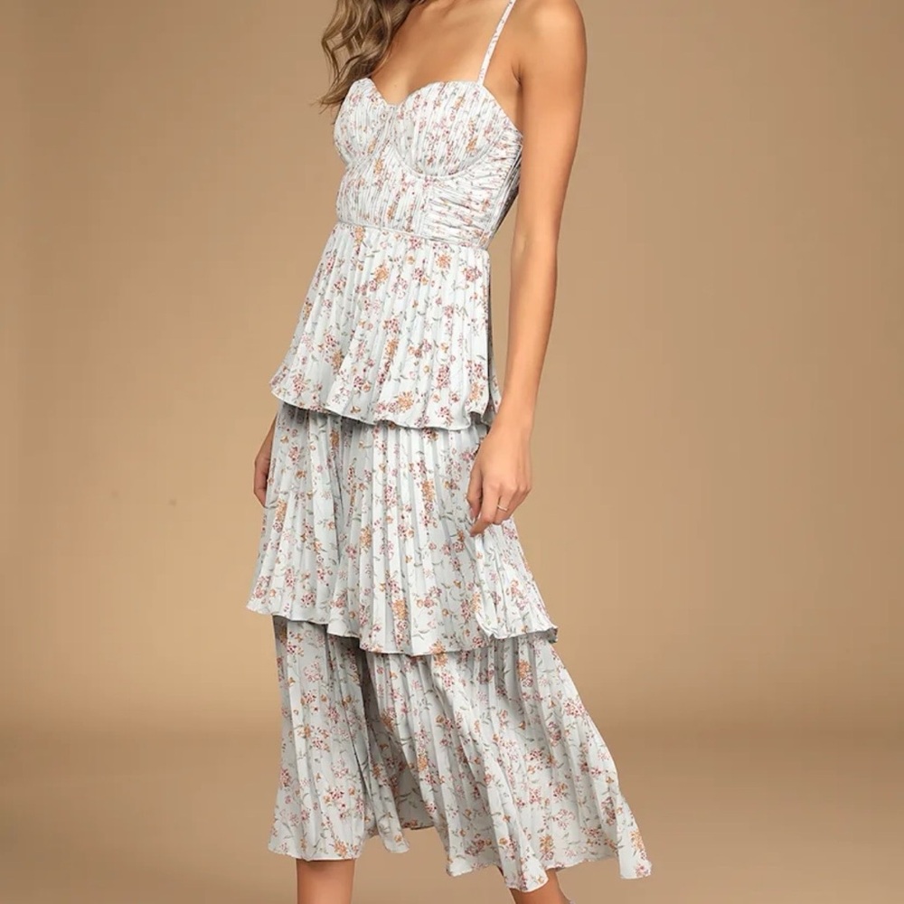 Lulus Cascading Crush Pale Blue Floral Tiered Bustier Midi Dress XL Pleat Tiered
